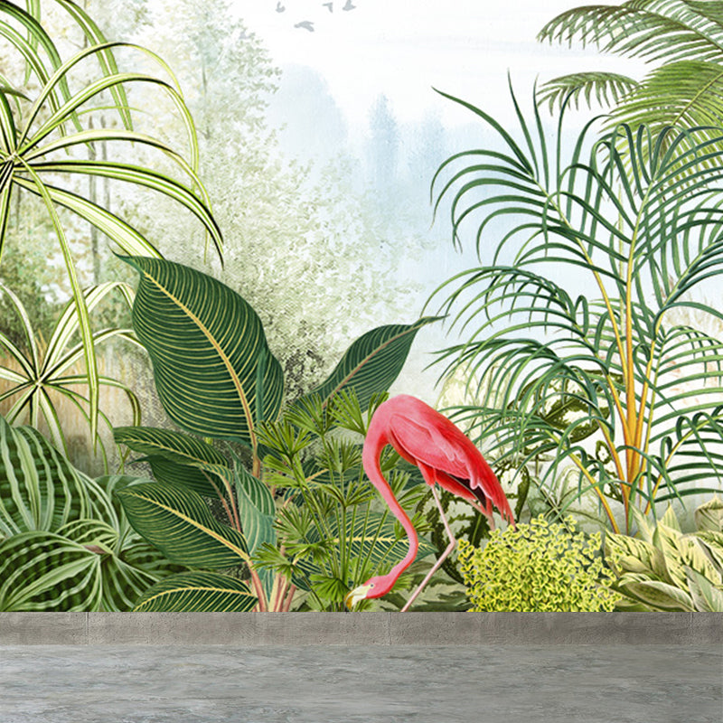 Tropical Botanics Flamingo Mural Decal for Girls Room Custom Wall Covering in Soft Color