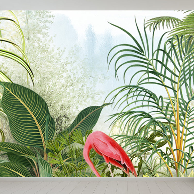 Tropical Botanics Flamingo Mural Decal for Girls Room Custom Wall Covering in Soft Color