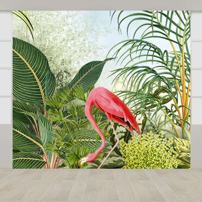Tropical Botanics Flamingo Mural Decal for Girls Room Custom Wall Covering in Soft Color
