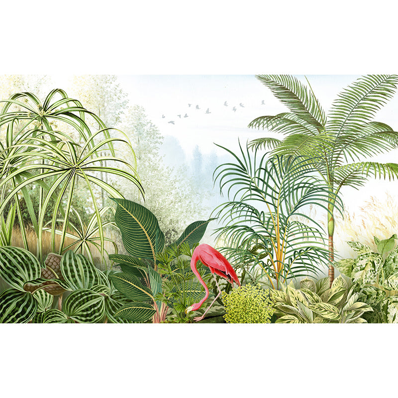 Tropical Botanics Flamingo Mural Decal for Girls Room Custom Wall Covering in Soft Color