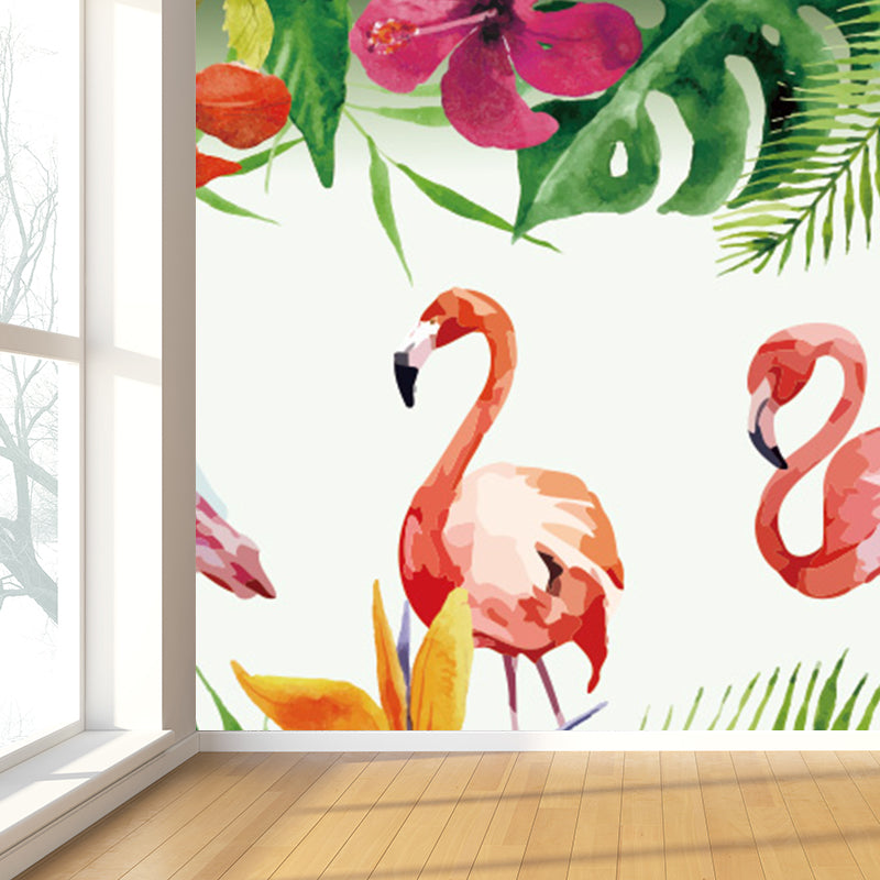 Tropical Botanics Flamingo Mural Decal for Girls Room Custom Wall Covering in Soft Color