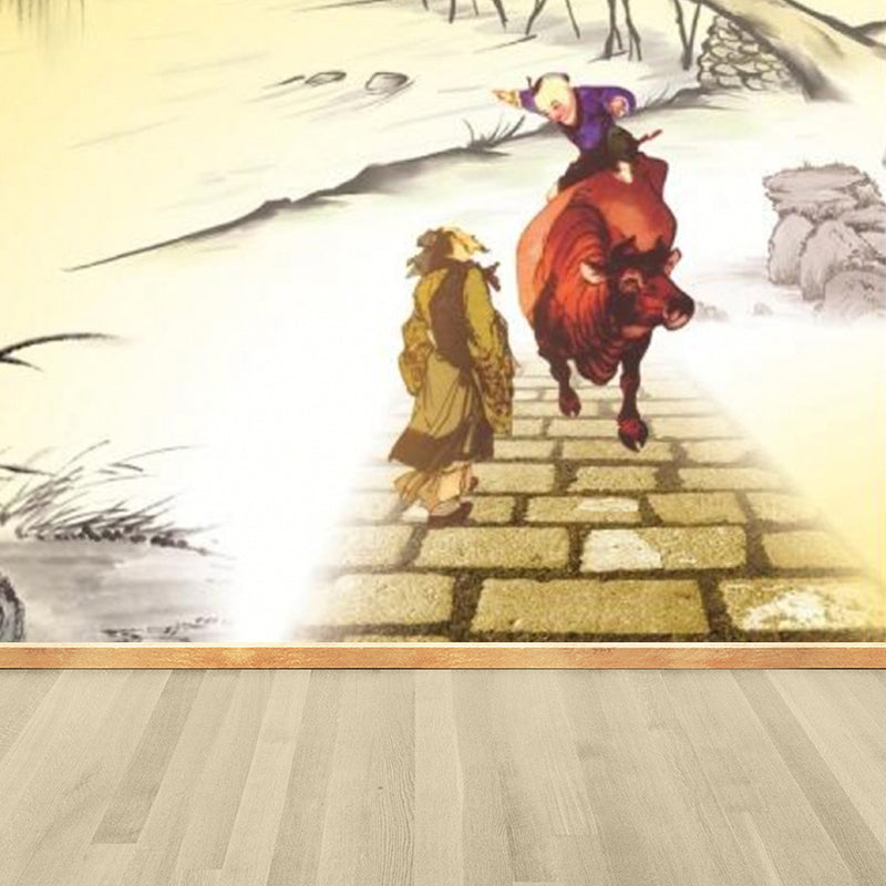 Country Cow and Figure Mural Decal Classic Non-Woven Textured Wall Covering in Yellow