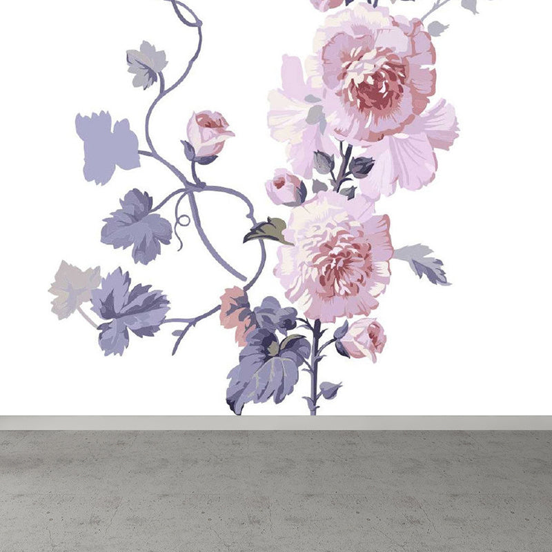 Modern Flowers Wall Mural Non-Woven Stain Resistant Pink Wall Art for Living Room
