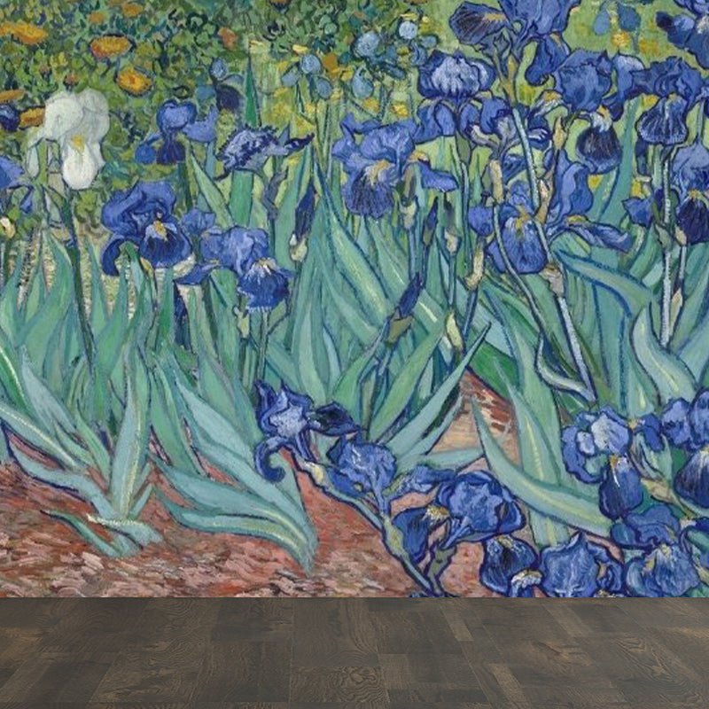 Full Size Illustration Modern Mural Wallpaper with Flowers Garden Scenery in Blue