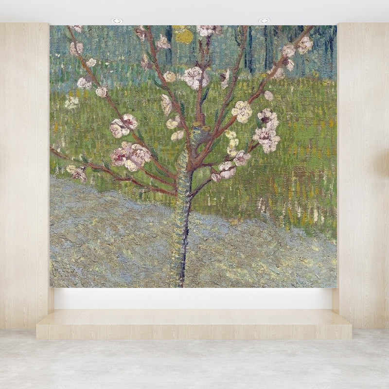 Contemporary Flower Tree Wall Mural for Bathroom Full Size Wall Covering in Green