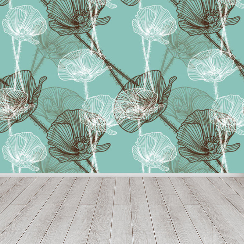 Contemporary Flower Blossom Wall Mural Non-Woven Waterproofing Blue Wall Art for Playroom