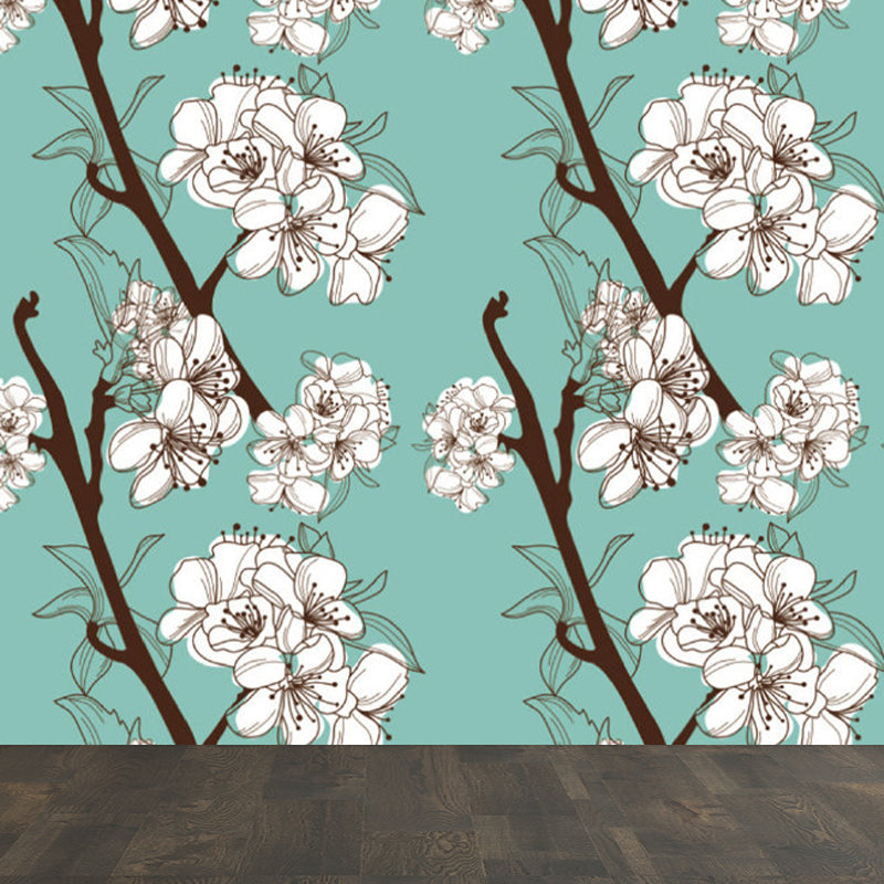 Contemporary Flower Blossom Wall Mural Non-Woven Waterproofing Blue Wall Art for Playroom