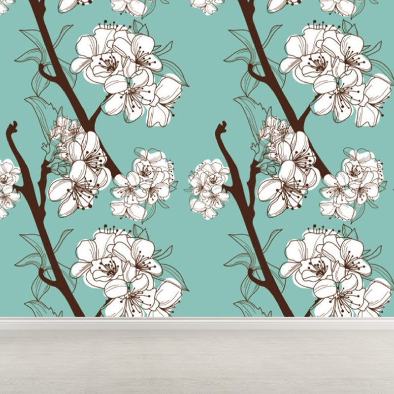 Contemporary Flower Blossom Wall Mural Non-Woven Waterproofing Blue Wall Art for Playroom