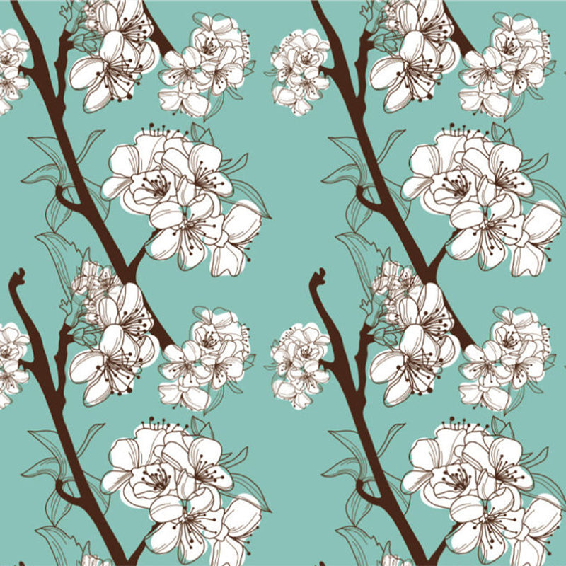 Contemporary Flower Blossom Wall Mural Non-Woven Waterproofing Blue Wall Art for Playroom