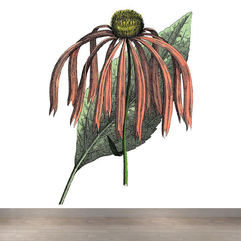 Orange Floral Print Mural Wallpaper Moisture Resistant Wall Covering for Living Room