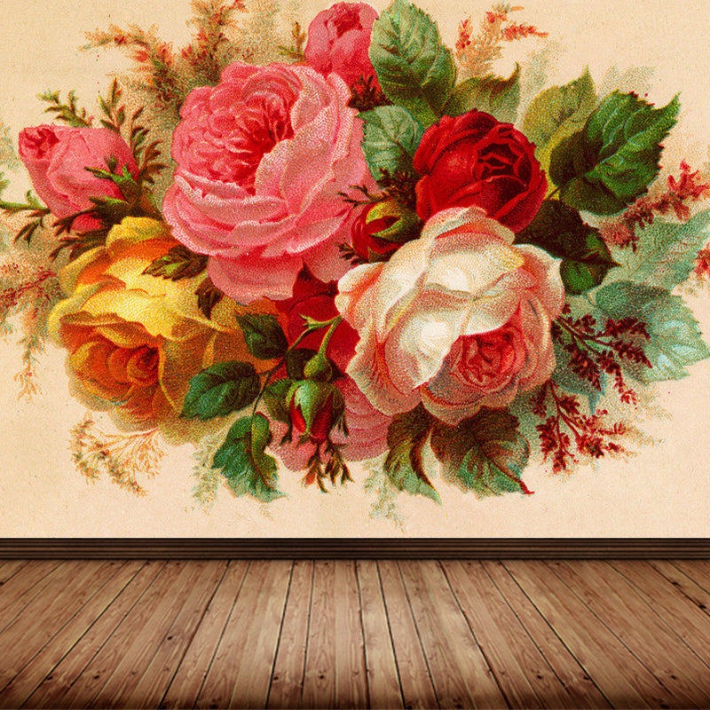 Full Size Illustration Modern Mural Decal with Blossoming Rose in Pink, Made to Measure