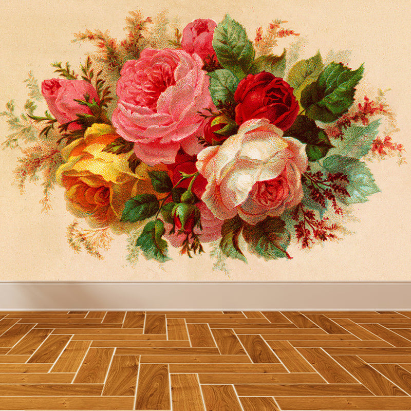 Full Size Illustration Modern Mural Decal with Blossoming Rose in Pink, Made to Measure