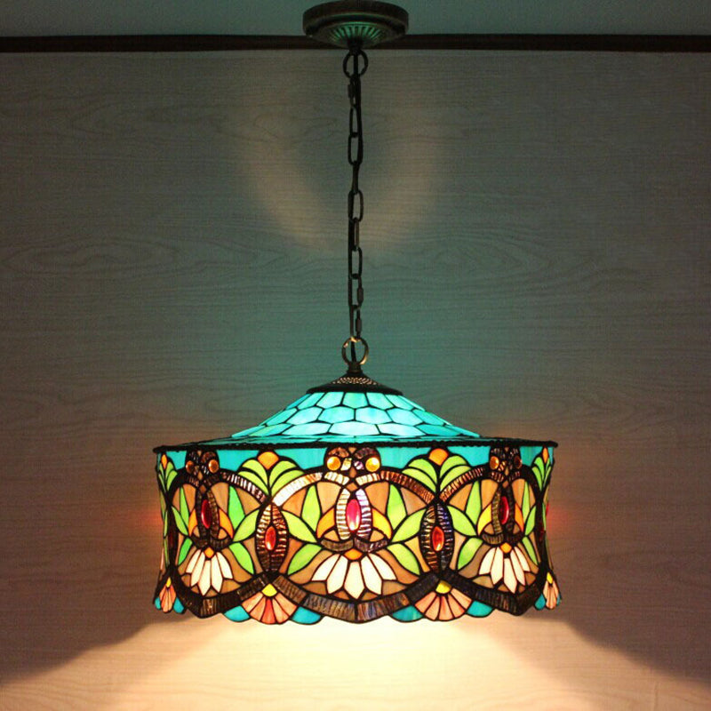 Hanging Lamps for Living Room, Victorian Style Drum Pendant Light Fixture with Stained Glass Shade, 18" W