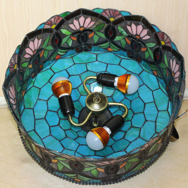 Hanging Lamps for Living Room, Victorian Style Drum Pendant Light Fixture with Stained Glass Shade, 18" W