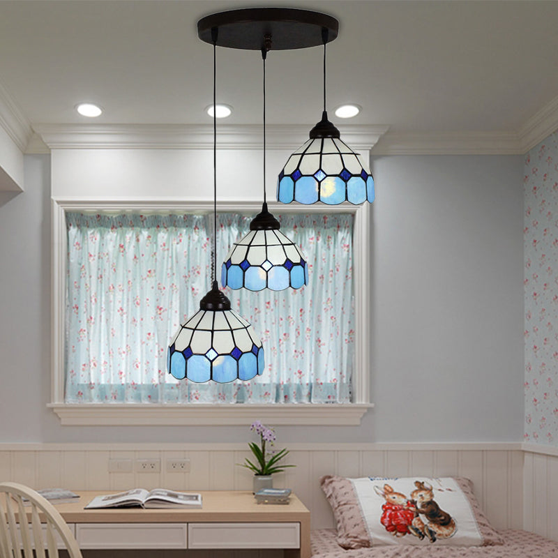 Bowl Hanging Light Fixture Mediterranean Cut Glass 3 Lights Blue Multi Light Pendant for Bedroom