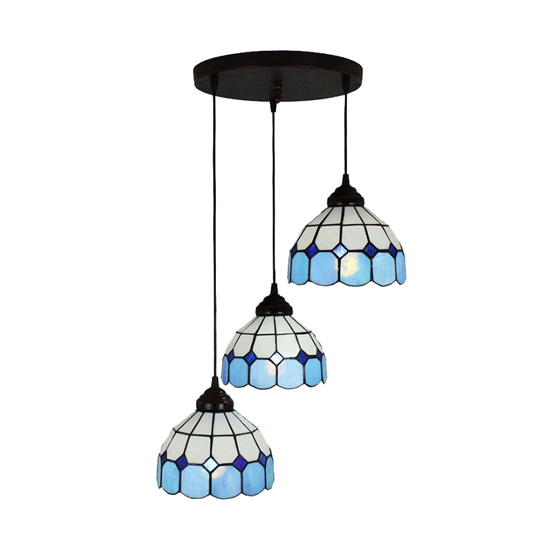 Bowl Hanging Light Fixture Mediterranean Cut Glass 3 Lights Blue Multi Light Pendant for Bedroom