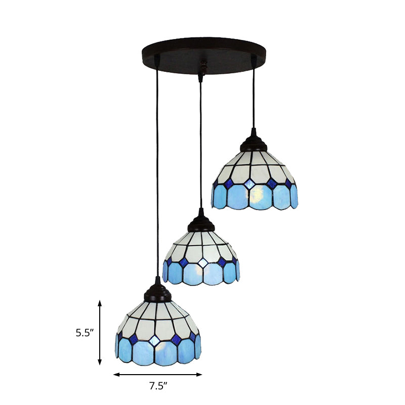 Bowl Hanging Light Fixture Mediterranean Cut Glass 3 Lights Blue Multi Light Pendant for Bedroom