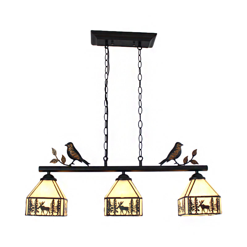 Rustic Lodge Deer Island Lighting with Bird Decoration 3 Lights Stained Glass Pendant Light