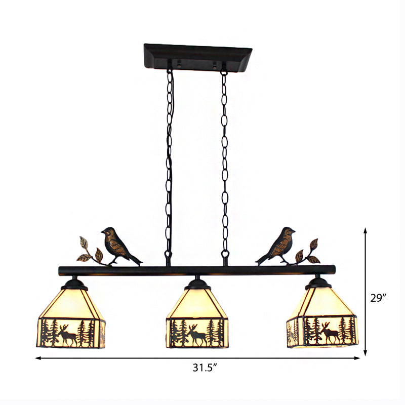 Rustic Lodge Deer Island Lighting with Bird Decoration 3 Lights Stained Glass Pendant Light