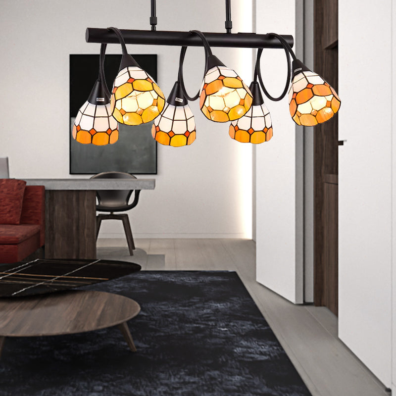6/10 Lights Kitchen Island Lighting Tiffany Stylish Blue/Orange and Yellow Hanging Lamp with Dome Stainless Glass Shade