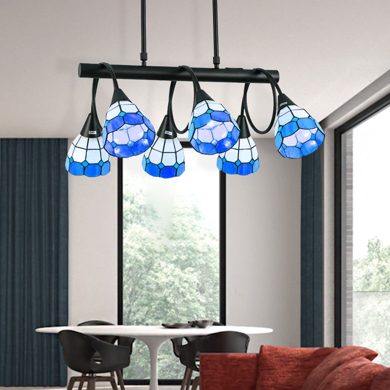 6/10 Lights Kitchen Island Lighting Tiffany Stylish Blue/Orange and Yellow Hanging Lamp with Dome Stainless Glass Shade