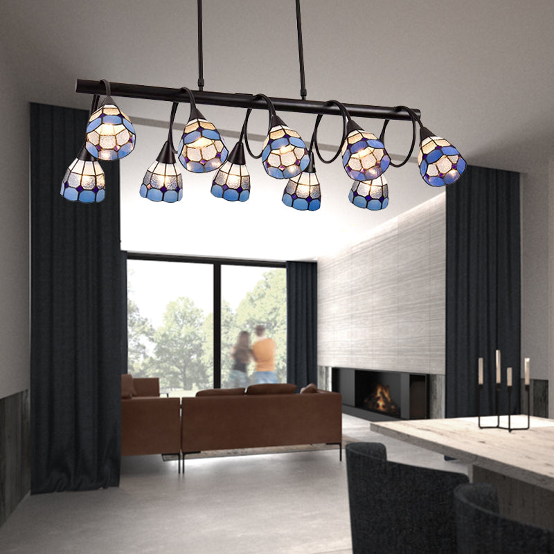 6/10 Lights Kitchen Island Lighting Tiffany Stylish Blue/Orange and Yellow Hanging Lamp with Dome Stainless Glass Shade