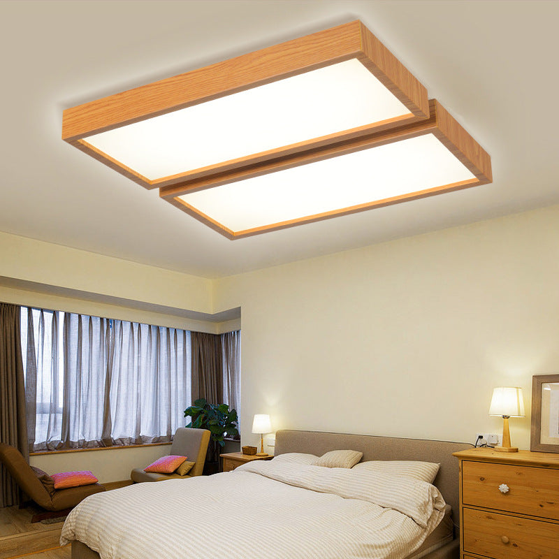 Lámpara de techo empotrada LED de estilo nórdico, accesorio de techo con borde de madera y sombra rectangular para oficina