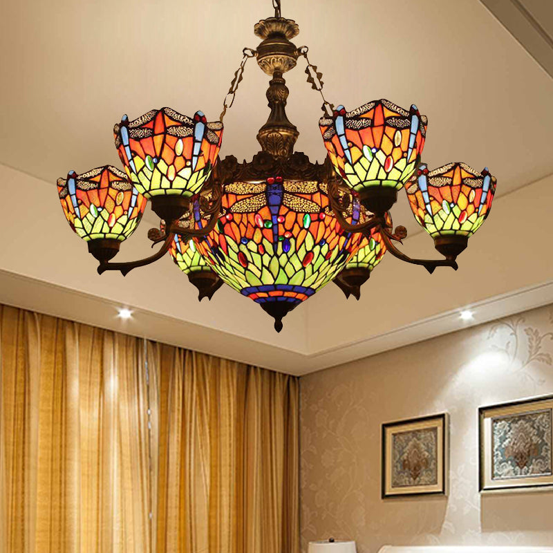 Chandeliers for Living Room, Dragonfly Hanging Pendant Lamp with Stained Glass Shade and Jewel Decoration Tiffany Style