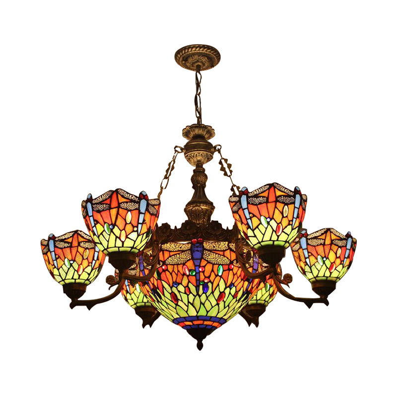 Chandeliers for Living Room, Dragonfly Hanging Pendant Lamp with Stained Glass Shade and Jewel Decoration Tiffany Style