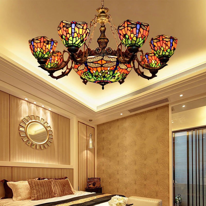 Chandeliers for Living Room, Dragonfly Hanging Pendant Lamp with Stained Glass Shade and Jewel Decoration Tiffany Style
