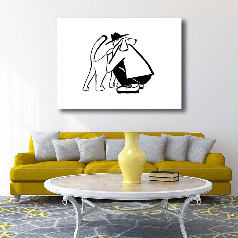Pencil Figure Wall Art Decor Simple Comic Man Hug His Dog Canvas Print in Black and White