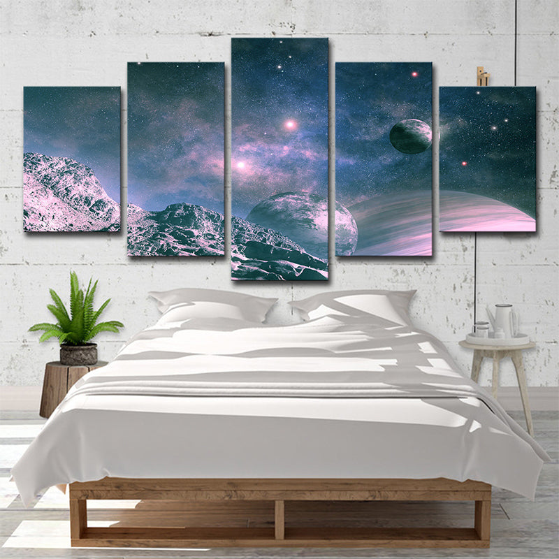 Science Fiction Canvas Art Blue and Purple View of Planets Wall Decor for Boys Room