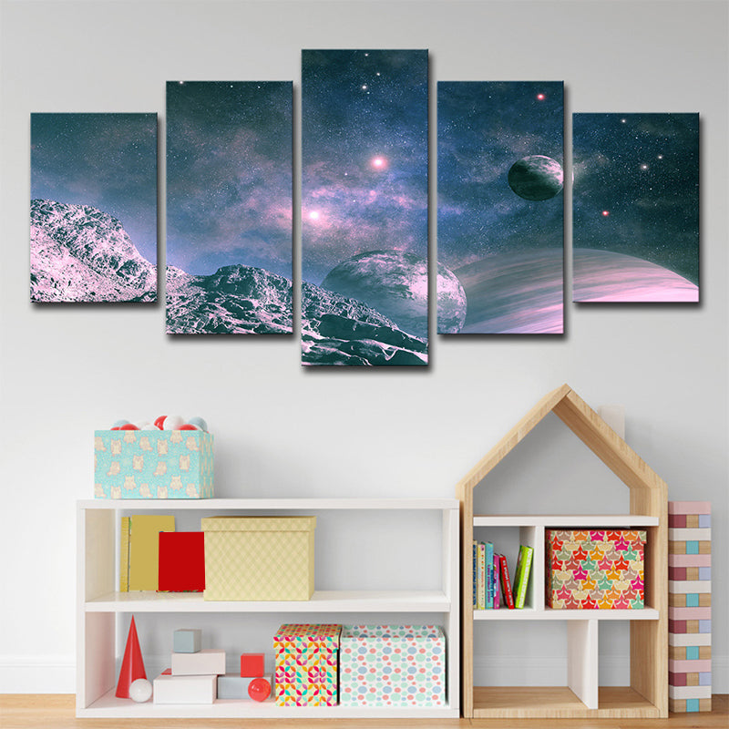 Science Fiction Canvas Art Blue and Purple View of Planets Wall Decor for Boys Room