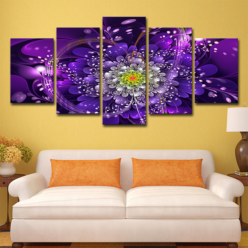 Contemporary Flowers Wall Art Print Purple Multi-Piece Canvas for House Interior