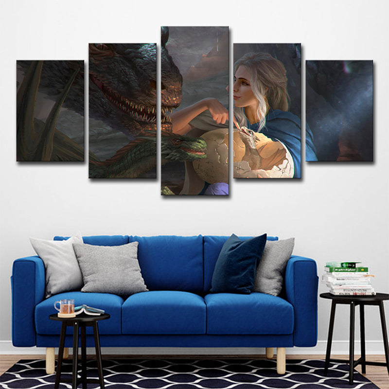 Multi-Piece Blue Wall Art Kids Digital Print Khaleesi and Her Dragon Wall Decor for Room