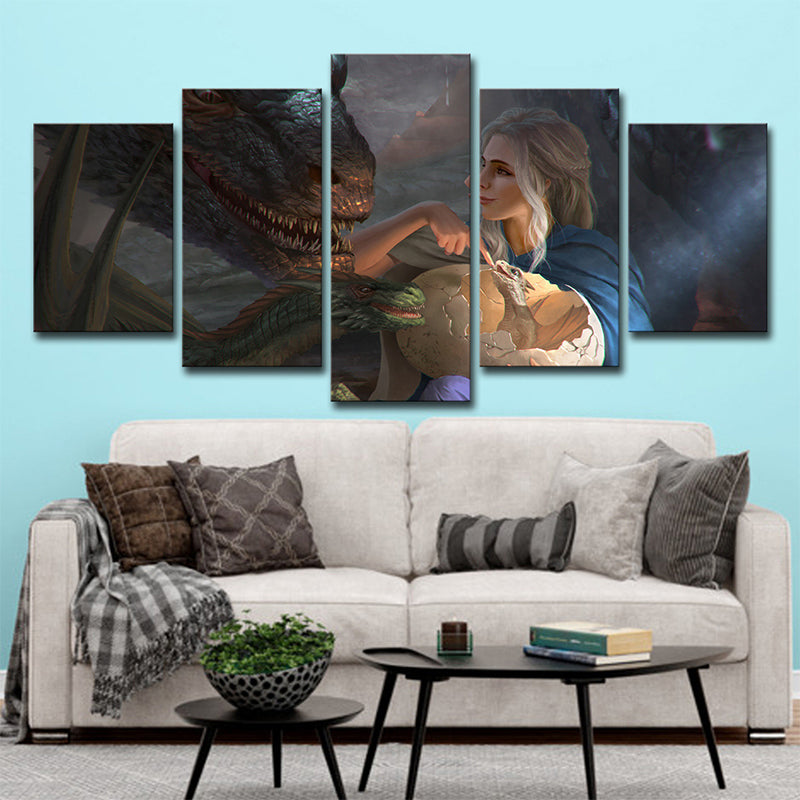Multi-Piece Blue Wall Art Kids Digital Print Khaleesi and Her Dragon Wall Decor for Room