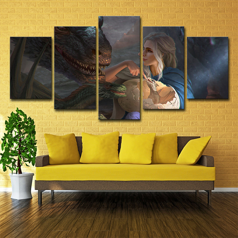 Multi-Piece Blue Wall Art Kids Digital Print Khaleesi and Her Dragon Wall Decor for Room
