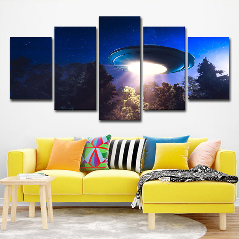 Kids Alien Flying Saucer Canvas Art Dark Blue Multi-Piece Wall Decor for Bedroom