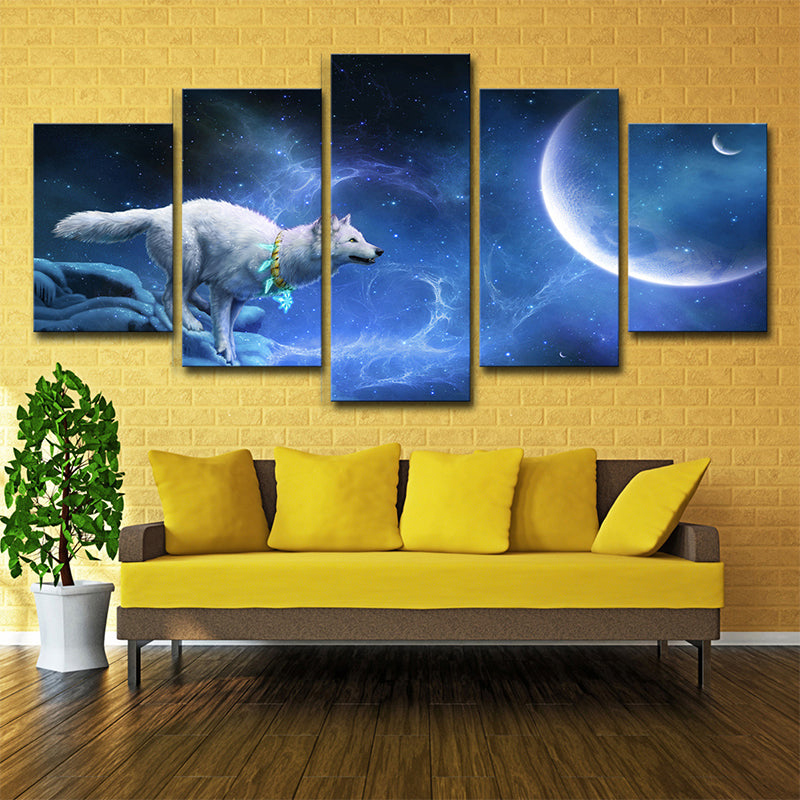 Digital Print Childrens Art Canvas with White Wolf Chasing Moon Night Scenery, Blue