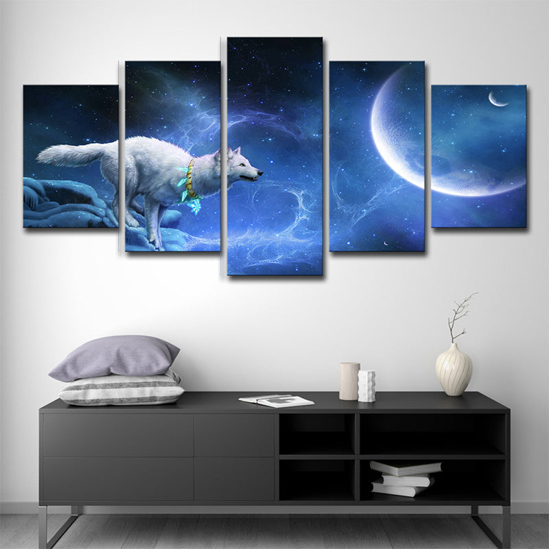 Digital Print Childrens Art Canvas with White Wolf Chasing Moon Night Scenery, Blue