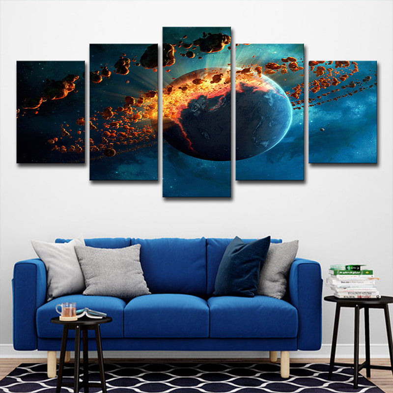 Science Fiction Planet Explosion Canvas Living Room Wall Art in Blue, Multi-Piece