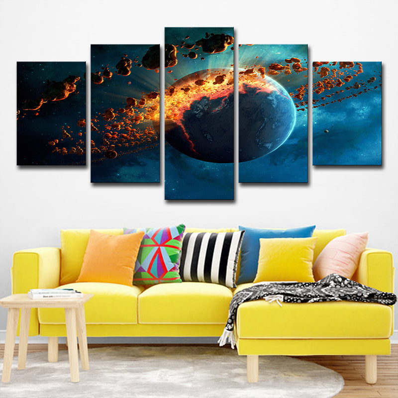 Science Fiction Planet Explosion Canvas Living Room Wall Art in Blue, Multi-Piece