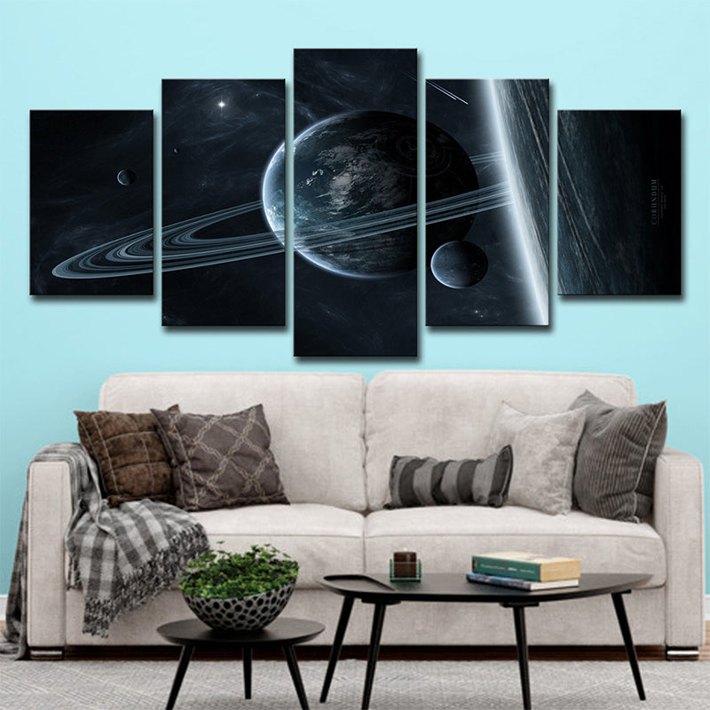 Cosmic Ringed Planet Canvas Wall Art Science Fiction Multi-Piece Wall Decor in Black