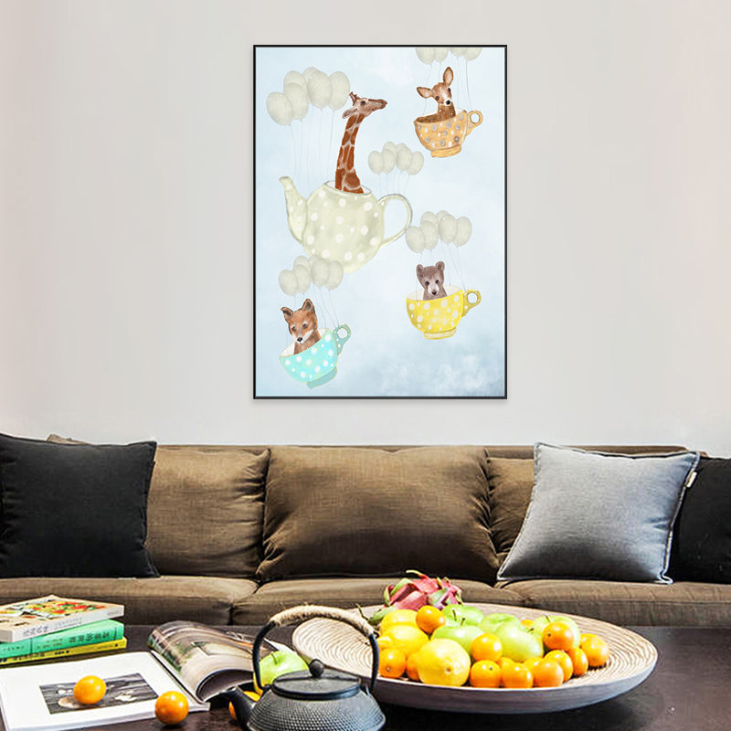 Pastel Cartoon Wall Art Animals in Their Sailing Boat Drawing Canvas Print for Kids Room