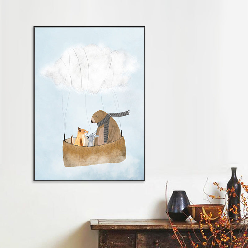 Pastel Cartoon Wall Art Animals in Their Sailing Boat Drawing Canvas Print for Kids Room