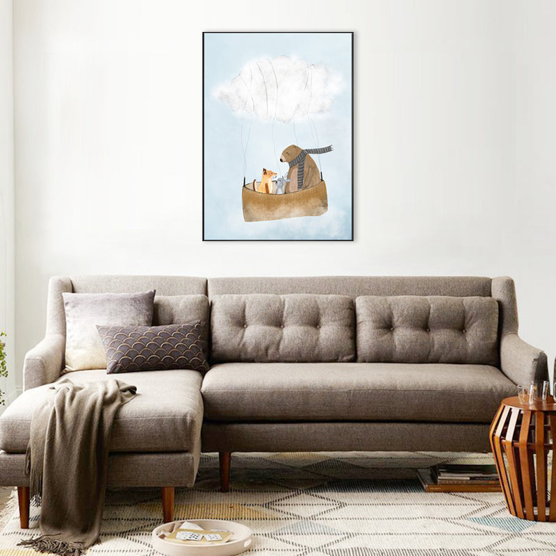 Pastel Cartoon Wall Art Animals in Their Sailing Boat Drawing Canvas Print for Kids Room