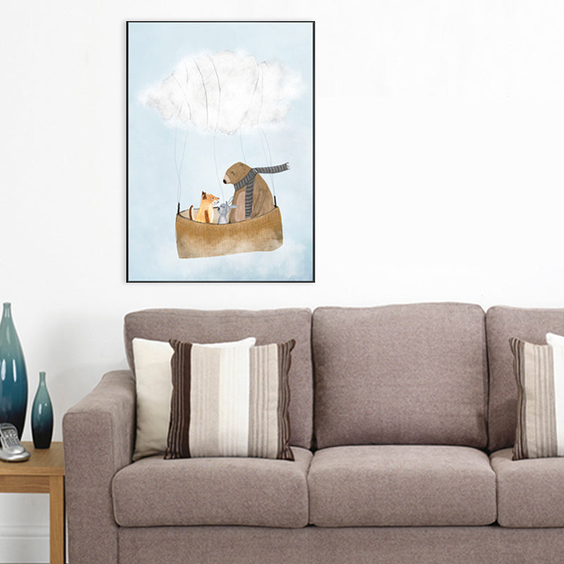 Pastel Cartoon Wall Art Animals in Their Sailing Boat Drawing Canvas Print for Kids Room