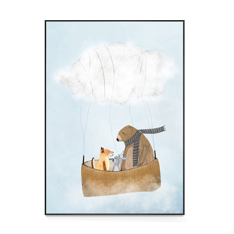 Pastel Cartoon Wall Art Animals in Their Sailing Boat Drawing Canvas Print for Kids Room