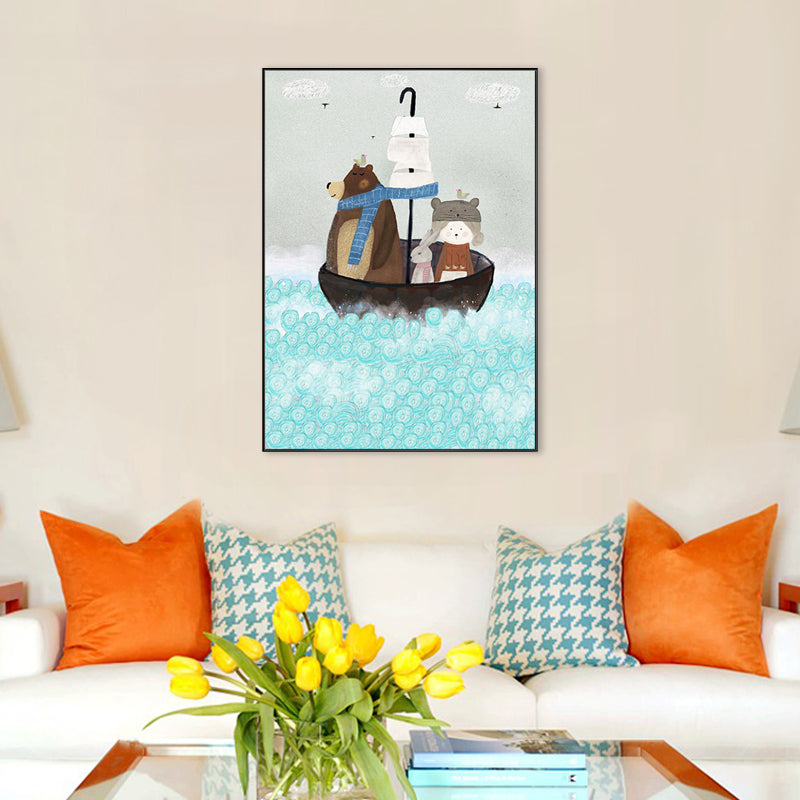 Pastel Cartoon Wall Art Animals in Their Sailing Boat Drawing Canvas Print for Kids Room