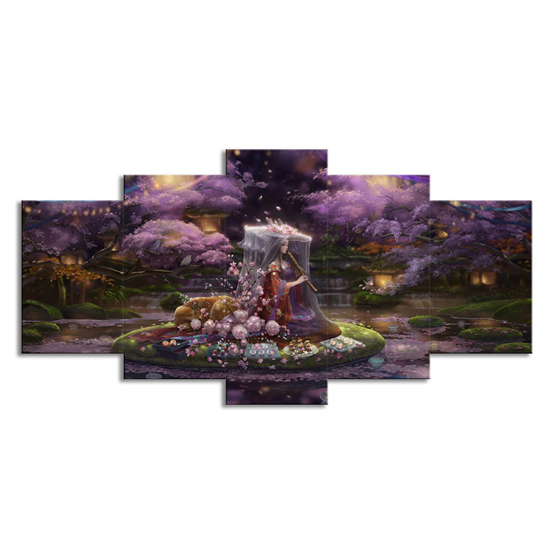 Canvas Purple Art Print Cartoon Fairy with Cherry Blossom Game Scene Wall Decor for Room